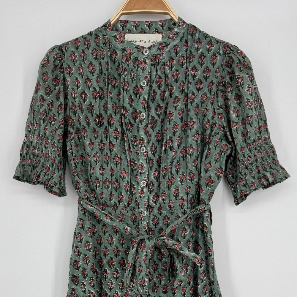 Daughters of India Prairie Dress XS Sage Green Floral Button Front Midi Cottage - Picture 6 of 12